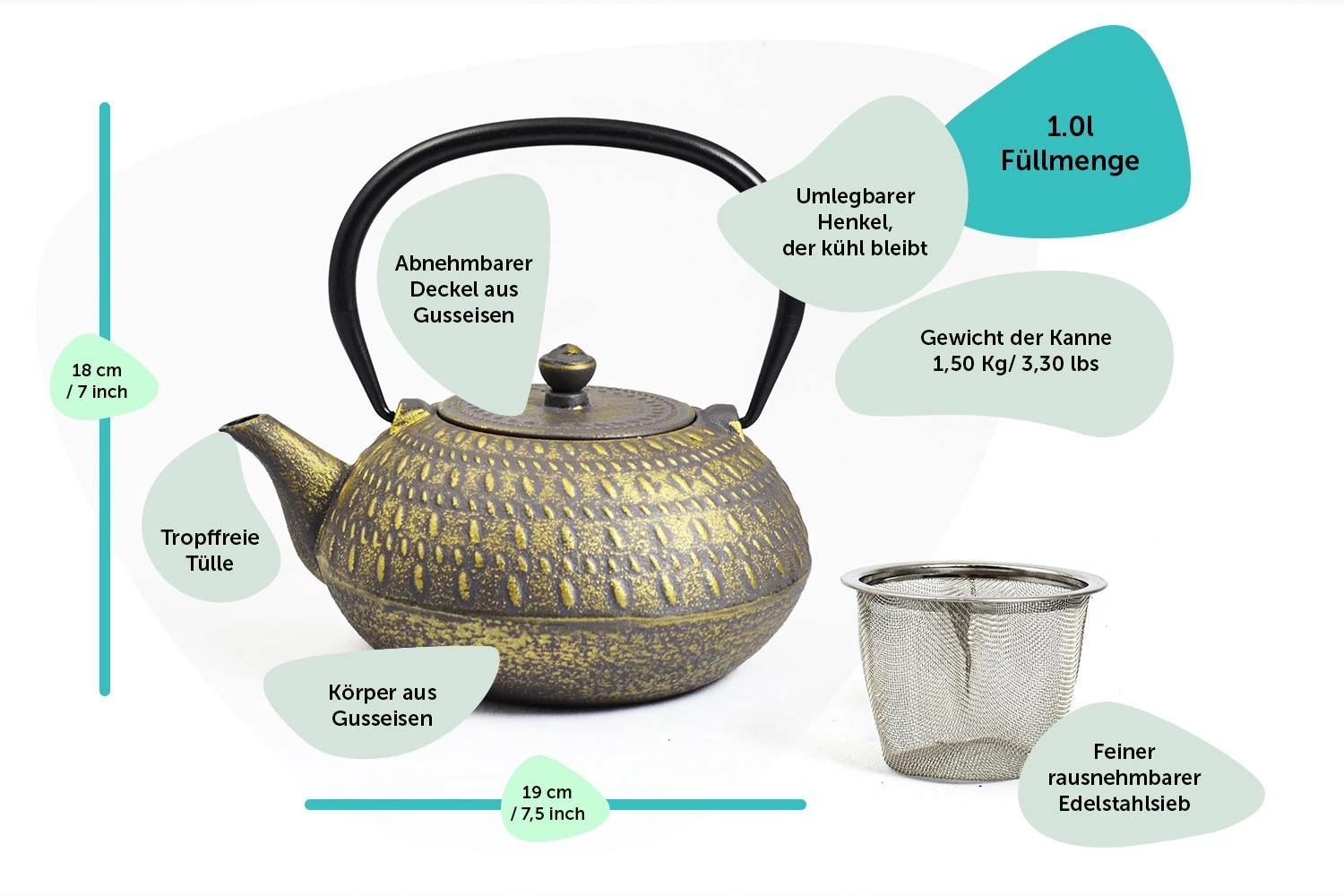 JA-UNENDLICH Stripe 1.0l Teekanne Gusseisen 2 JA-UNENDLICH Stripe 1.0l Teekanne Gusseisen – Bild 2